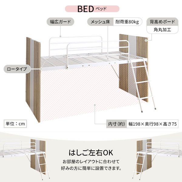 システムベッド ロフトベッド 3点セット グレー ロータイプ シングル ベッド デスク 学習机 収納棚 ワゴン レイアウト自由 省スペース 木製 子供部屋 家具代引NG