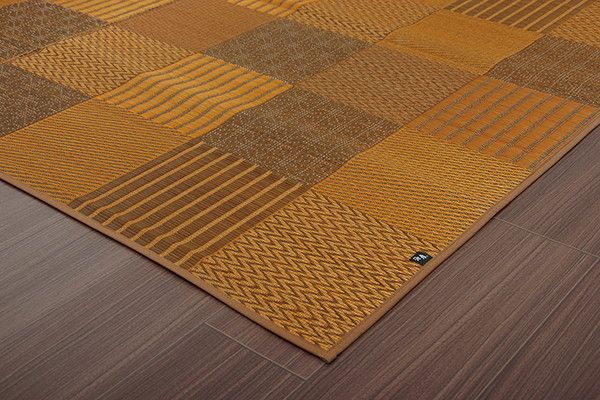 モダン い草 ラグマット/絨毯 約191×300cm ブラウン 日本製 抗菌 防臭 パッチワーク風 不織布 〔リビング〕代引NG