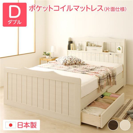 ベッド ダブル ポケットコイルマットレス付き 片面仕様 ホワイト 棚付き 宮付き 照明付き コンセント付き 日本製 国産 フレーム ベッド下収納 ダブルベッド エトワール 〔引き出し別売〕代引NG