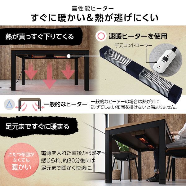 ダイニングこたつテーブル 布団レス 幅120cm 高さ調節 UV塗装 即暖 コタツ ダイニングテーブル 天然木 日本製ヒーター 継脚 ダイニングコタツ 家具調 こたつ テーブル  パイン材 突板 木製 ビンテージ調 カントリー調代引NG