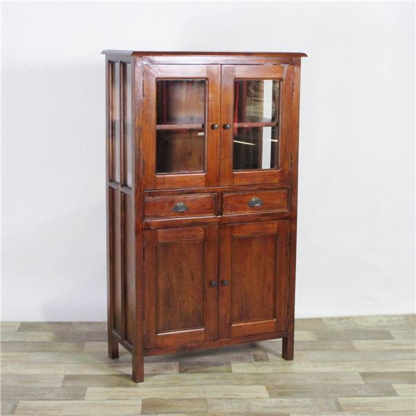 木製 ハイキャビネット/収納棚 幅75cm×奥行38cm×高さ130cm マホガニー材 引き出し付き 真鍮製取っ手 完成品代引NG