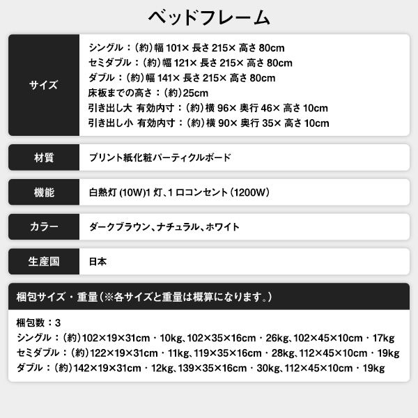 ベッド 日本製 収納付き 引き出し付き 木製 照明付き 棚付き『BERDEN』 ベルデン セミダブル 日本製ポケットコイルマットレス付き ホワイト 代引NG