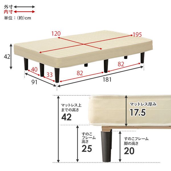 ボンネルコイルマットレスベッド セミダブル ホワイト 約幅120×奥行195×高さ42cm 組立品 ベッドルーム 寝室 子供部屋代引NG