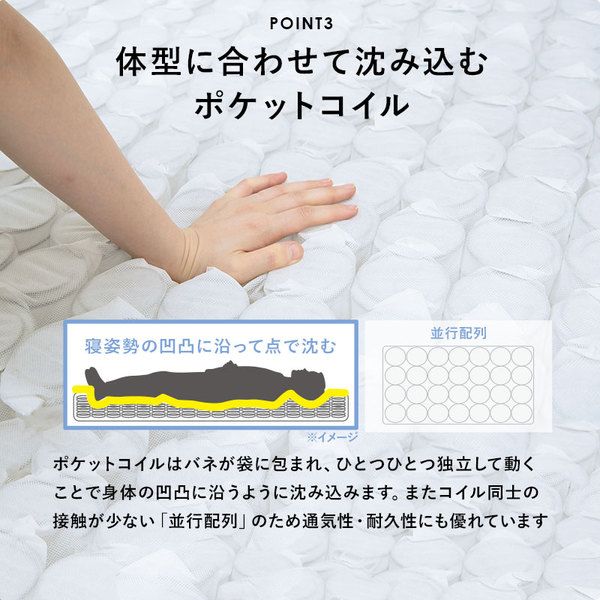 ポケットコイルマットレスベッド セミダブル ホワイト 約幅120×奥行195×高さ46cm 組立品 ベッドルーム 寝室 子供部屋代引NG