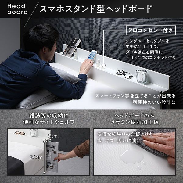 スーパSALE10倍＆4時間限定10％OFF ベッド すのこベッド ダブルベッド ダブル ポケットコイルマットレス付き ホワイト すのこ 棚付き 宮付き 2口 コンセント付き ２段階 高さ調整可 スマホスタンド型ヘッドボード 頑丈 木製 ベッド下収納