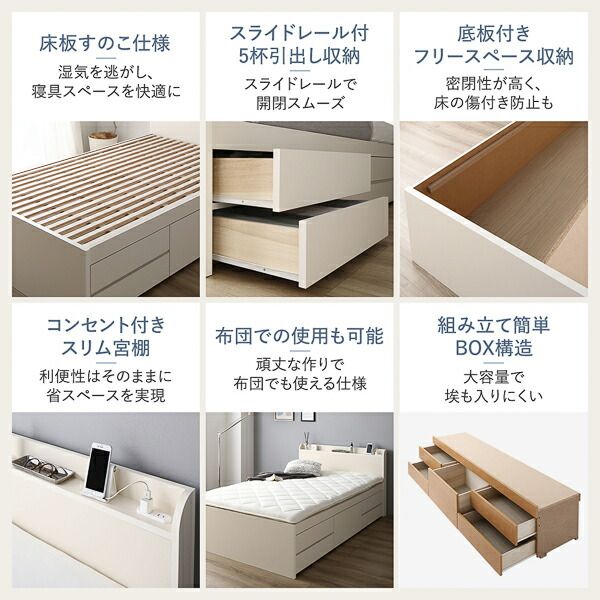 〔お客様組み立て〕 収納 ベッド チェストベッド 宮付き  シングル フレームのみ ホワイト 収納付き 引き出し付き 棚付き 宮棚付き コンセント付き 大容量 収納 すのこ 日本製 シングルベッド チェストベット 収納ベット代引NG