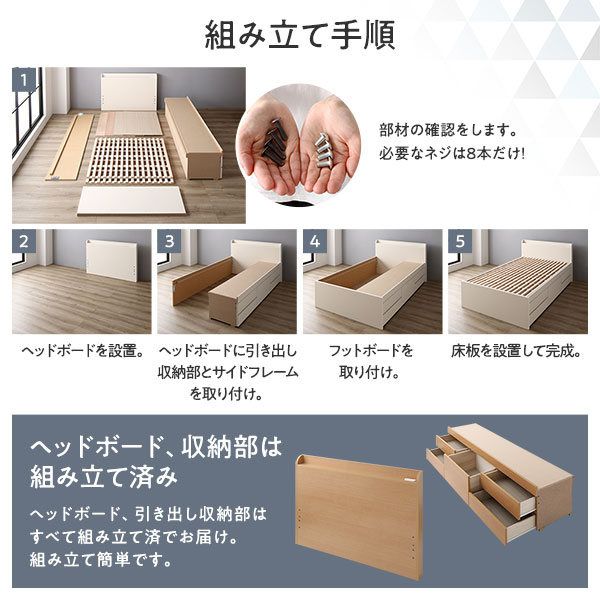 〔お客様組み立て〕 収納 ベッド チェストベッド 宮付き セミシングル 国産ポケットコイルマットレス付き ホワイト 収納付き 引き出し付き 棚付き コンセント付き 大容量 収納 すのこ セミシングルベッド 日本製代引NG