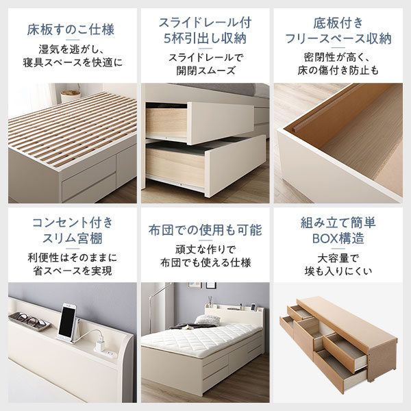 〔組立設置付き〕 収納 ベッド チェストベッド 宮付き セミダブル 国産ポケットコイルマットレス付き ホワイト 収納付き 引き出し付き 棚付き コンセント付き 大容量 収納 すのこ セミダブルベッド 日本製代引NG