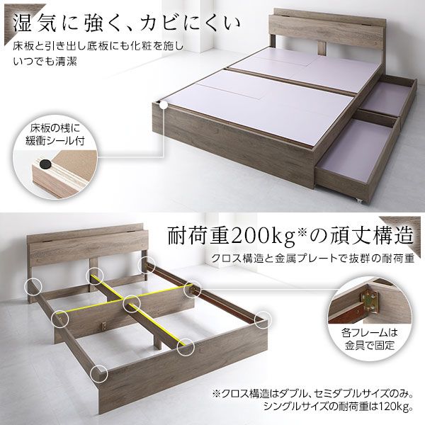 スーパSALE10倍＆4時間限定10％OFF ベッド シングル ベッドフレームのみ グレージュ 収納付き 引き出し付き 棚付き 宮付き コンセント付き 木目調