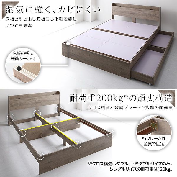 スーパSALE10倍＆4時間限定10％OFF ベッド 収納ベッド セミダブル ポケットコイルマットレス付き グレージュ 収納付き 引き出し付 棚付き 宮付き ２口 コンセント付き 頑丈 木製 オーク柄 セミダブルベッド