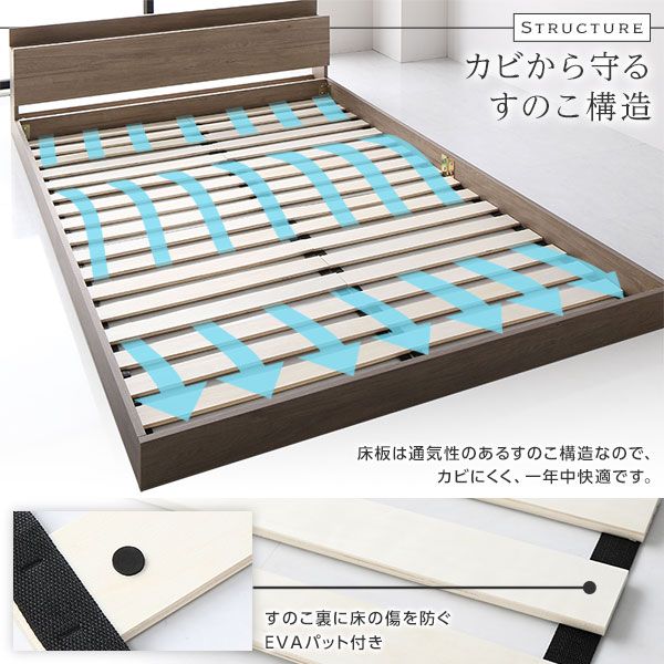 スーパSALE10倍＆4時間限定10％OFF ベッド ローベッド ダブル ポケットコイルマットレス付き グレージュ 低床 ロータイプ 宮付き 棚付き 2口 コンセント付き すのこ 木製 木目調 フロアベッド 低床ベッド ダブルベッド