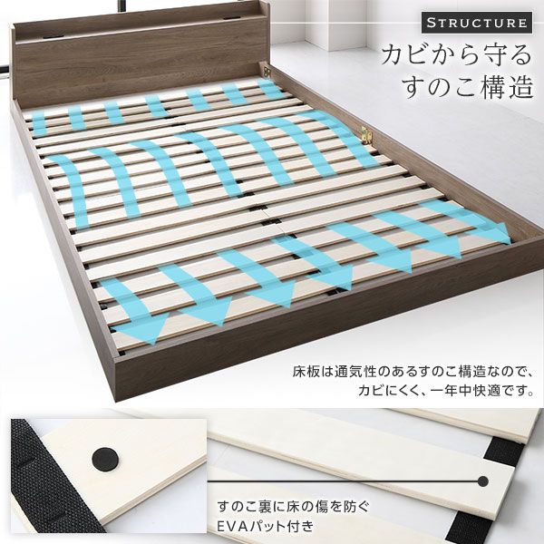 スーパSALE10倍＆4時間限定10％OFF ベッド ローベッド ダブル ボンネルコイルマットレス付き グレージュ 低床 ロータイプ 宮付き 棚付き 2口 コンセント付き シンプル すのこ 木製 フロアベッド 低床ベッド ダブルベッド