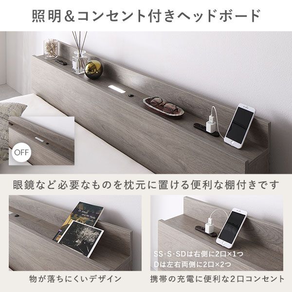 スーパSALE10倍＆4時間限定10％OFF ベッド ローベッド ダブル ベッドフレームのみ グレージュ 低床 ロータイプ すのこ 木製 LED 照明付き 棚付き 宮付き ２口 コンセント付き 頑丈 木目調 フロアベッド ダブルベッド