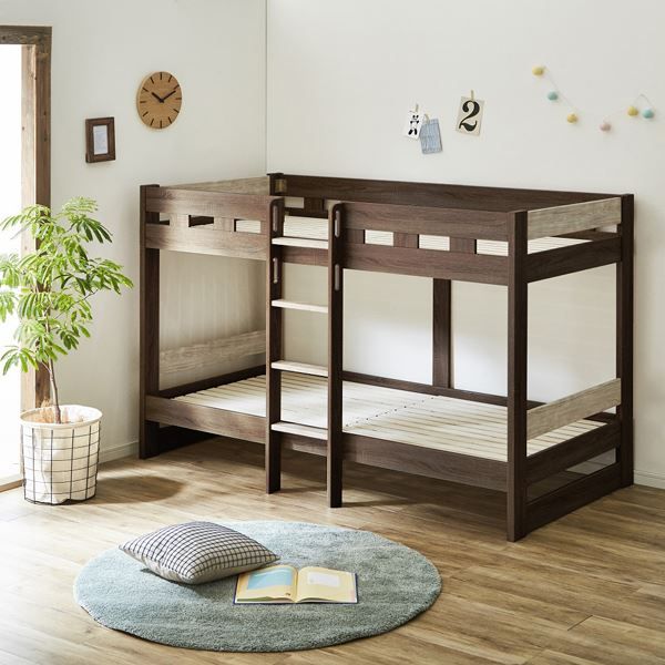 2段 ベッド 幅103cm ロータイプ ブラウン＆ホワイト 上段下段1体式 丈夫 通気性 マットレス別売 ベッドフレーム ベッドルーム代引NG