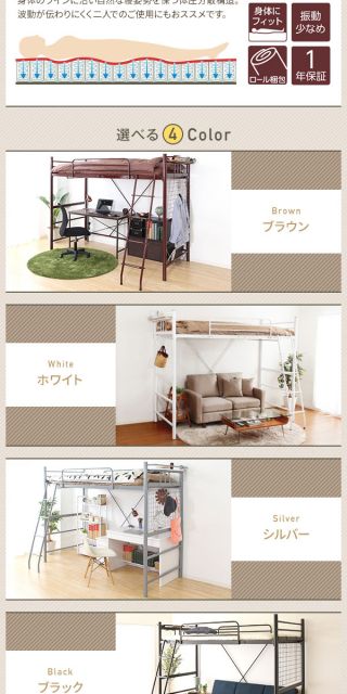ロフトベッド シングル ポケットコイルマットレス付き ホワイト 2段階 高さ調整可 ハイタイプ ミドルタイプ 頑丈 2口 コンセント付き はしご付き 宮付き 棚付き 通気性 ベッドフレーム代引NG