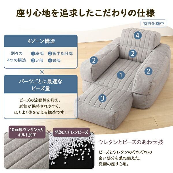 3WAY ビーズソファー 1人掛け 幅70cm ブルー 1人用 ビーズクッション スツール 軽量 折りたたみ ゴロ寝 カウチソファ コンパクトソファ スツールクッション代引NG