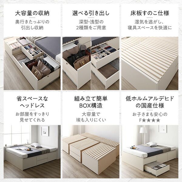 〔要組立〕 収納 ベッド ダブル フレームのみ ホワイト BBB 引き出し ヘッドレス すのこ仕様 低ホルムアルデヒド 大容量 収納 日本製 チェストベッド ダブルベッド代引NG