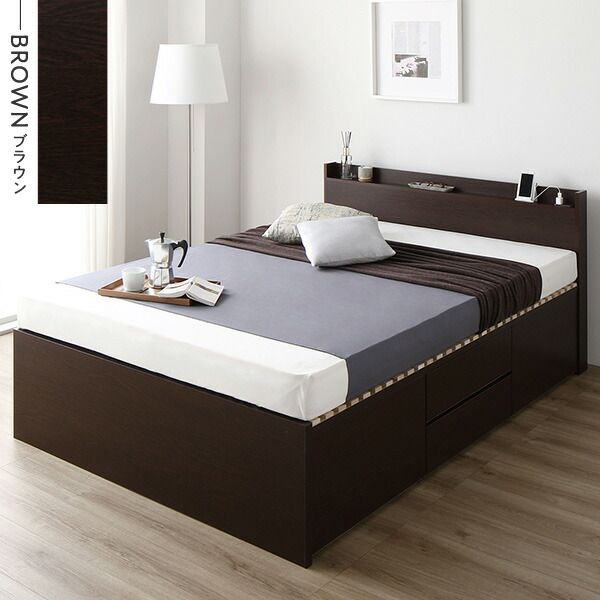 〔要組立〕 収納 ベッド セミダブル フレームのみ ブラウン ABB 引き出し 棚付き 宮付き 2口 コンセント付き すのこ仕様 低ホルムアルデヒド 大容量 収納 日本製 チェストベッド セミダブルベッド代引NG