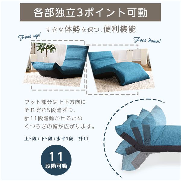 リクライニング 座椅子 フロアチェア ターコイズブルー フット上下可動 日本製 国産 完成品 リクライニングチェア パーソナルチェア ローチェア代引NG