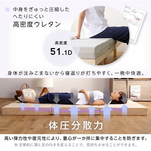 折りたたみ マットレス 寝具 セミダブル ベージュ 3つ折りタイプ 高反発 厚み10cm 圧縮ロール梱包 折り畳みマットレス SDサイズ代引NG