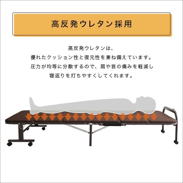 折りたたみ パイプ ベッド シングル ブラウン キャスター付き 高反発 ウレタン 組立品 シングルベッド ベッドフレーム パイプベット 来客用ベッド 簡易ベッド代引NG