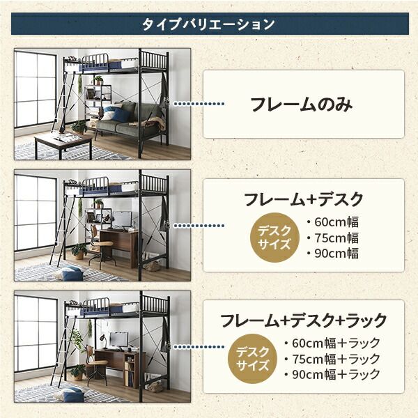 ロフトベッド シングル ベッド+デスク60cm ベッド：ブラック デスク：ウォールナット 2段階 高さ調節可 宮付き 棚付き 2口 コンセント付き 頑丈代引NG