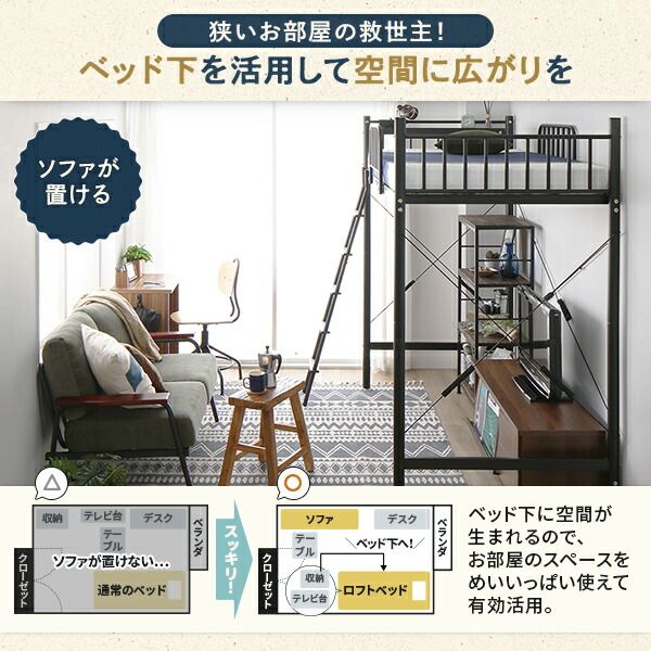 ロフトベッド シングル ベッド+デスク90cm+ラック ボンネルコイルマットレス付き ベッド：ブラック デスク＆ラック：ウォールナット 2段階 高さ調節可 宮付き 棚付き 2口 コンセント付き 頑丈代引NG