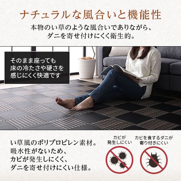 ラグ マット い草 調 江戸間3畳 約174×261cm ブラック 洗える 日本製 国産 軽量 速乾性 除菌スプレー対応 市松模様 ポリプロピレン 敷物 フロアマット ラグカーペット イ草 アウトドア レジャー代引NG