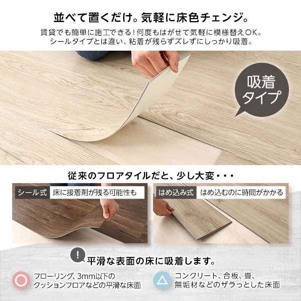 〔72枚入〕 フロアタイル 床材 6畳分 約91.4×15.2cm ホワイト ウッド調 置くだけ 接着剤不要 吸着タイプ カット可 すべり止め付き お手入れ簡単 木目 DIY 賃貸 リフォーム リメイク代引NG