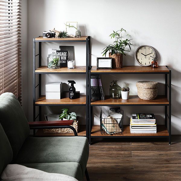 オープン ラック 3段 約幅90cm×奥行35cm×高さ82.5cm 天然木 桐材 スチール アンティーク仕上げ ヴィンテージテイスト アジャスター付き オープンシェルフ インテリア家具 ディスプレイラック 収納棚 収納家具 組立品代引NG