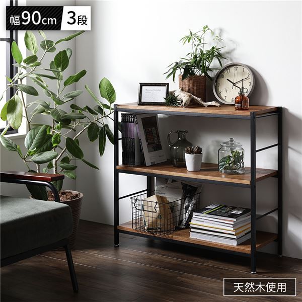 オープン ラック 3段 約幅90cm×奥行35cm×高さ82.5cm 天然木 桐材 スチール アンティーク仕上げ ヴィンテージテイスト アジャスター付き オープンシェルフ インテリア家具 ディスプレイラック 収納棚 収納家具 組立品代引NG