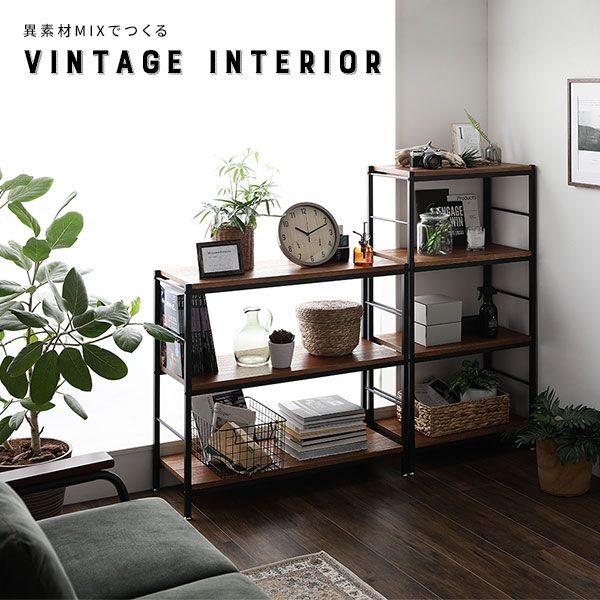 オープン ラック 3段 約幅90cm×奥行35cm×高さ82.5cm 天然木 桐材 スチール アンティーク仕上げ ヴィンテージテイスト アジャスター付き オープンシェルフ インテリア家具 ディスプレイラック 収納棚 収納家具 組立品代引NG
