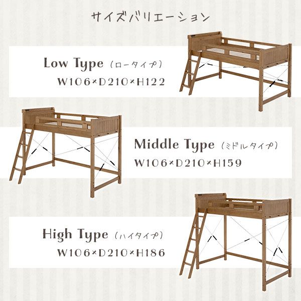 ロフトベッド シングル ロータイプ ホワイトウォッシュ 床下76.5cm ベッドフレームのみ すのこ仕様 木製 天然木 パイン材 宮付き 棚付き 2口 コンセント付き 梯子付き 角丸仕上げ ロフトベット代引NG