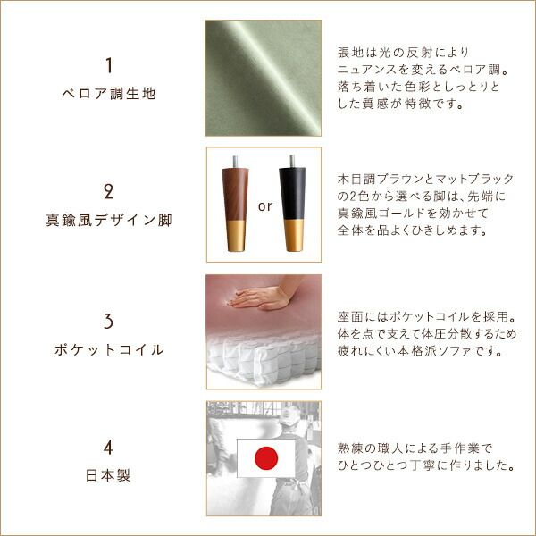 片肘付き ソファー 2人掛け 幅112cm ベージュ 脚：ブラック コンパクト ポケットコイル ベロア調生地 日本製 国産 完成品 脚のみ組立て 2人掛けソファー コンパクトソファー 代引NG
