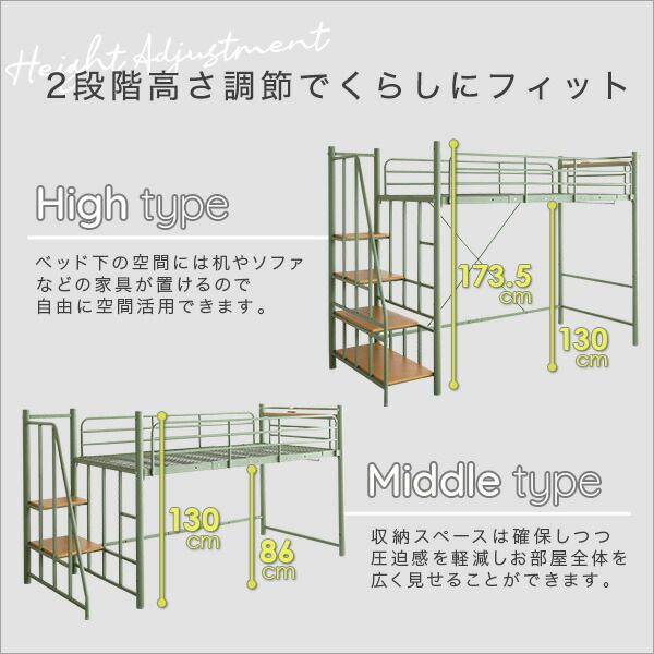 ロフトベッド シングル グリーン 階段 高さ調整可 宮付き 宮棚付き 2口 コンセント付き 組立品 パイプロフトベッド シングルベッド パイプベッド ロフトベット代引NG