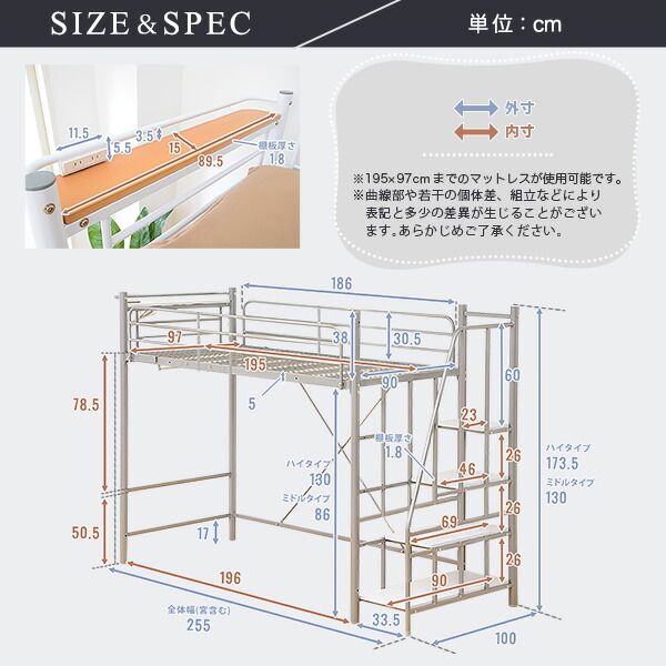 ロフトベッド シングル グリーン 階段付き 高さ調整可 宮付き 宮棚付き 2口 コンセント付き 手すり付き メッシュ床 組立品 パイプロフトベッド シングルベッド パイプベッド ロフトベット代引NG