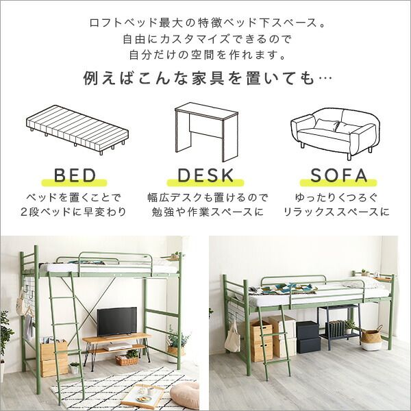 ロフトベッド シングル グリーン 高さ調整可 宮付き 宮棚付き 2口 コンセント付き 組立品 パイプロフトベッド シングルベッド パイプベッド ロフトベット代引NG