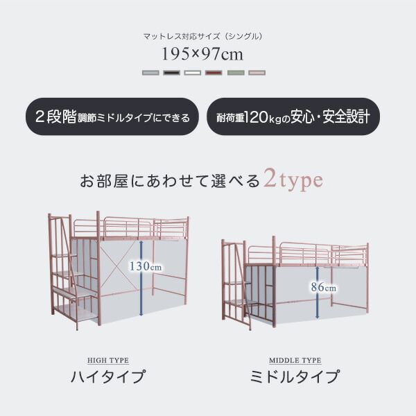 ロフトベッド シングル シルバー 階段付き 高さ調整可 宮付き 宮棚付き 2口 コンセント付き 手すり付き メッシュ床 組立品 パイプロフトベッド シングルベッド パイプベッド ロフトベット代引NG