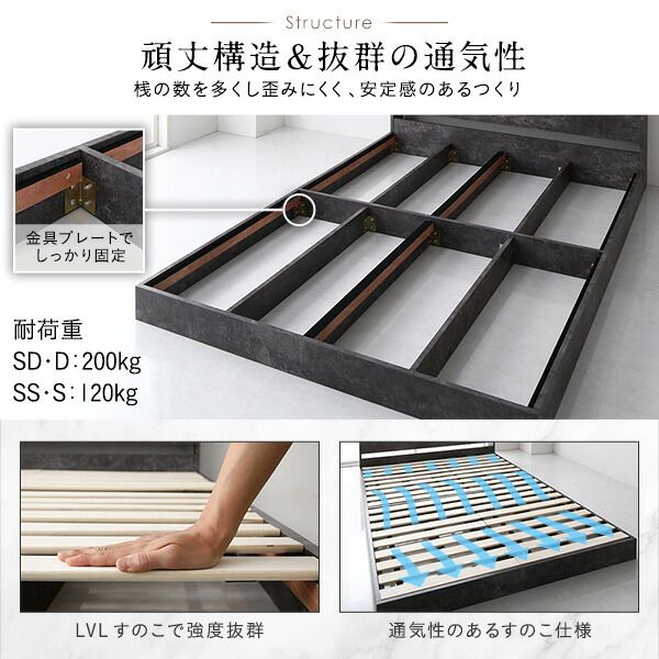 スーパSALE10倍＆4時間限定10％OFF ベッド ローベッド セミダブル ポケットコイルマットレス付き ストーングレー 低床 すのこ LED 照明付き 棚付き 宮付き 宮棚付き 2口 コンセント付き フロアベッド 低床ベッド すのこベッド  セミダブルベッド セミ