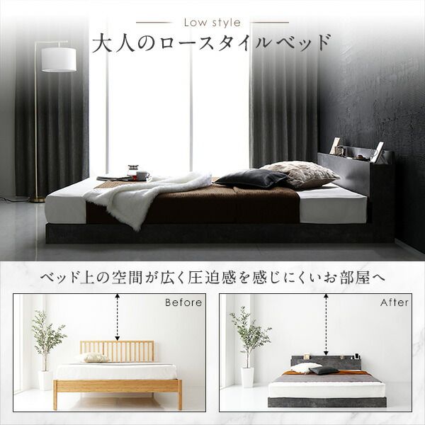 スーパSALE10倍＆4時間限定10％OFF ベッド ローベッド セミダブル ポケットコイルマットレス付き ストーングレー 低床 すのこ LED 照明付き 棚付き 宮付き 宮棚付き 2口 コンセント付き フロアベッド 低床ベッド すのこベッド  セミダブルベッド セミ