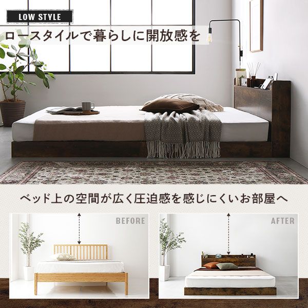 スーパSALE10倍＆4時間限定10％OFF ベッド ローベッド セミダブル ベッドフレームのみ ヴィンテージブラウン 低床 すのこ LED 照明付き 宮付き 棚付き 宮棚付き 2口 コンセント付き フロアベッド 低床ベッド すのこベッド  セミダブルベッド セミ