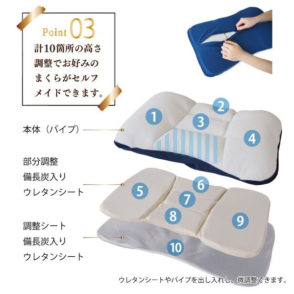 まくら 枕 セルフメイド 10箇所調整 健康まくら 洗える 備長炭入りウレタンシート 寝具 約35cm×52cm 医学博士おすすめ代引NG