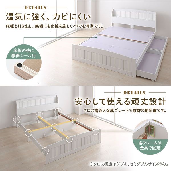 スーパSALE10倍＆4時間限定10％OFF ベッド  シングル ポケットコイルマットレス付き ホワイト 引き出し 収納付き 棚付き 宮付き 宮棚付き 2口 コンセント付き カントリー調 収納ベッド 収納ベット インテリア家具 寝室家具 ショートシングルベッド ショート
