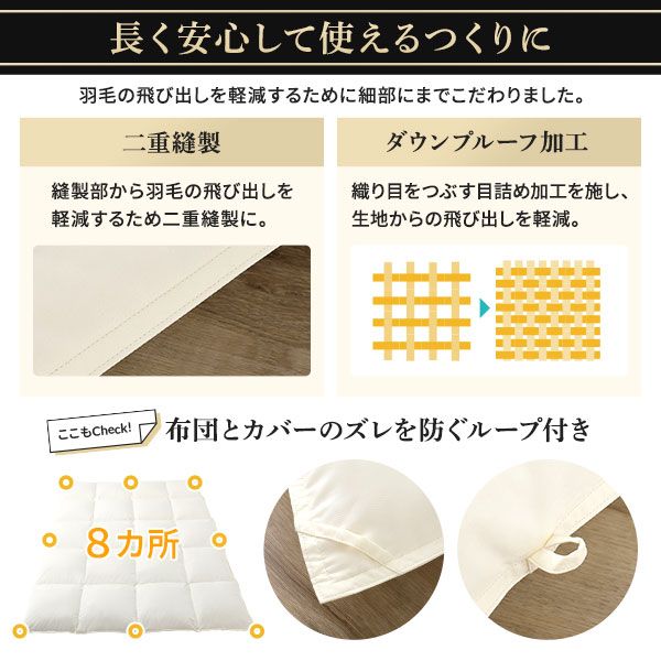 羽毛布団 掛け布団 ダブル ネイビー ダウン率93% 400dp パワーアップ加工 抗菌 防臭 防ダニ 防汚 日本製 国産 ピーチスキン加工 ループ付き 高品質ホワイトダックダウン採用 二重縫製 掛 布団 ふとん 寝具代引NG
