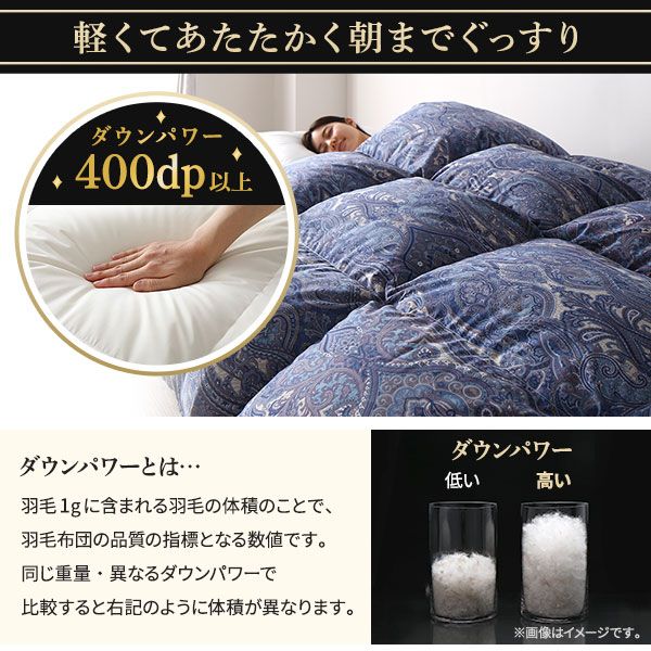 羽毛布団 掛け布団 ダブル ネイビー ダウン率93% 400dp パワーアップ加工 抗菌 防臭 防ダニ 防汚 日本製 国産 ピーチスキン加工 ループ付き 高品質ホワイトダックダウン採用 二重縫製 掛 布団 ふとん 寝具代引NG