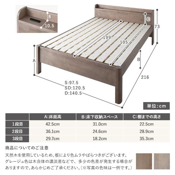 スーパSALE10倍＆4時間限定10％OFF ベッド ダブル ベッドフレームのみ グレージュ 頑丈 すのこ 棚付き 宮付き 宮棚付き 2口 コンセント付き 3段階 高さ調整可 木製 天然木 パイン材 Forteo フォルテオ すのこベッド ダブルベッド