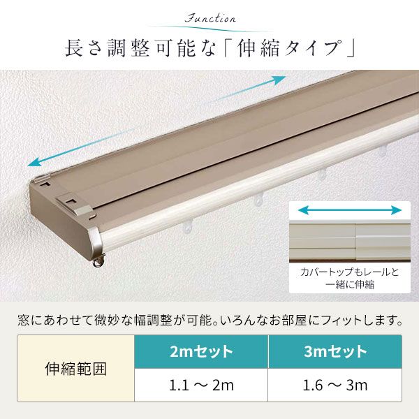伸縮 カーテンレール 〔2m セット 木目ブラウン〕 カバートップ付き ダブル リターン仕様 リネアカバー 日本製 国産 遮光 木目調 光漏れ防止 節電 省エネ 持ち上げ式ブラケット 静音ランナー 代引NG