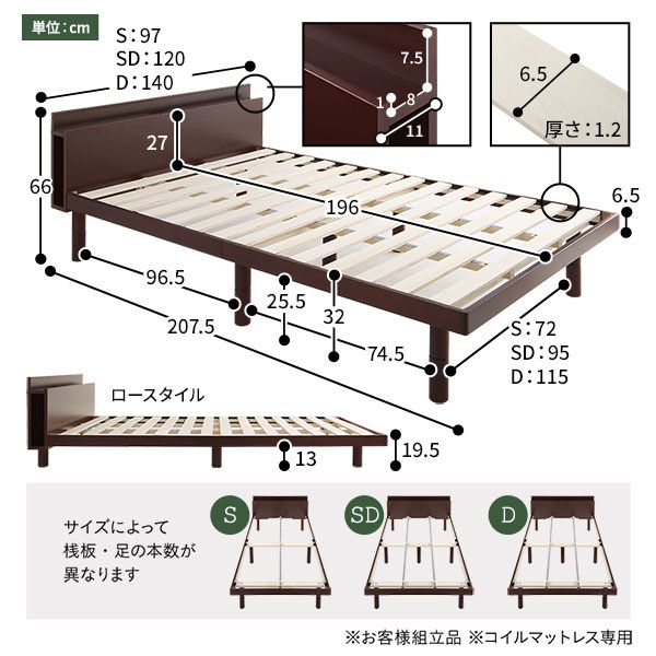 スーパSALE10倍＆4時間限定10％OFF ベッド セミダブル 2層ポケットコイルマットレス付き ブラウン すのこ 棚付き 宮付き 宮棚付き 2口 コンセント付き 高さ調整可 スマホスタンド型ヘッドボード ステーションベッド すのこベッド  セミダブルベッド セミ