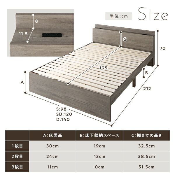 ベッド セミダブル 国産ポケットコイルマットレス付き ナチュラル 高さ調整可 棚付き 宮付き 宮棚付き コンセント付き すのこベッド すのこ ベット ハイタイプベッド ミドルタイプベッド ローベッド フロアベッド Asteria アステリア セミダブルベッド セミダブルベット