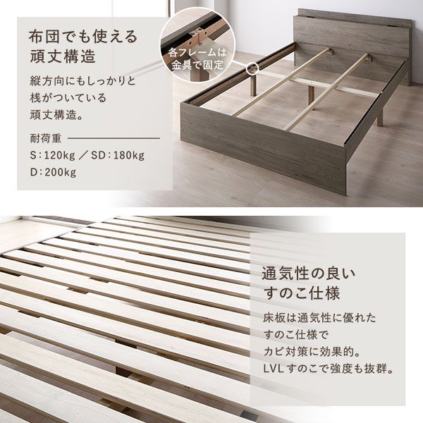 ベッド ワイドキング 220 S＋SD ベッドフレームのみ ストーングレー 連結 高さ調整可 コンセント 宮付 宮棚付 棚付 すのこ ベッドフレーム ローベッド すのこベッド フロアベッド 連結ベッド ベット 寝具 インテリア家具 ベッドルーム 寝室